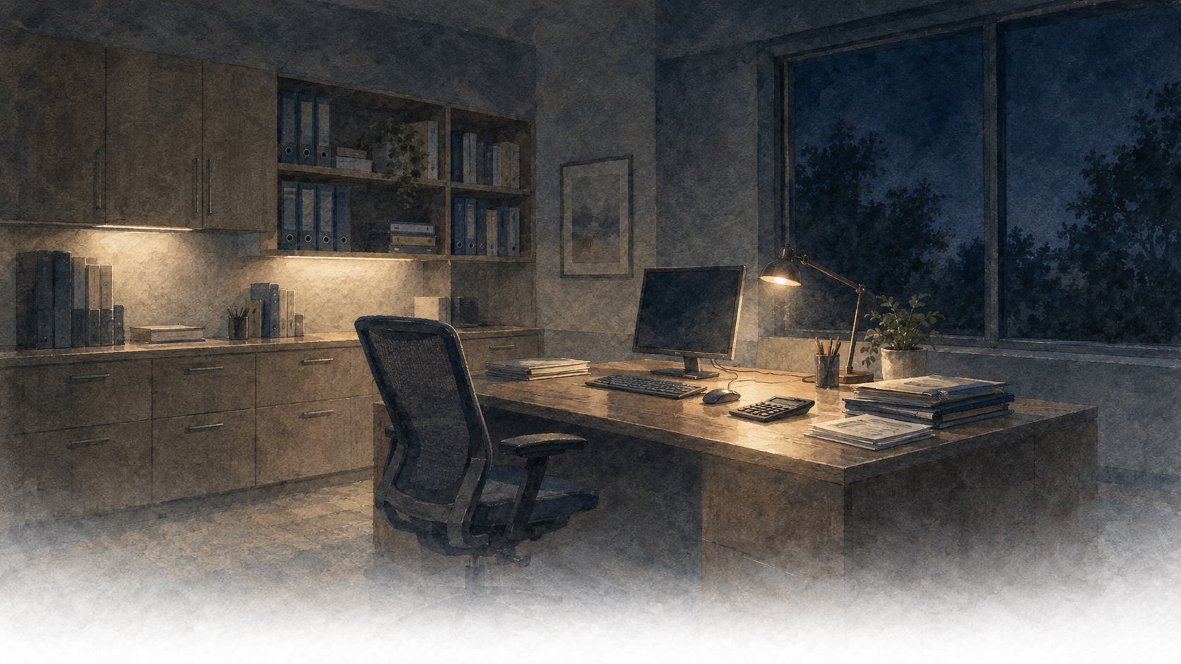 A quiet professional office at night with warm desk lighting, bookshelves and a large window