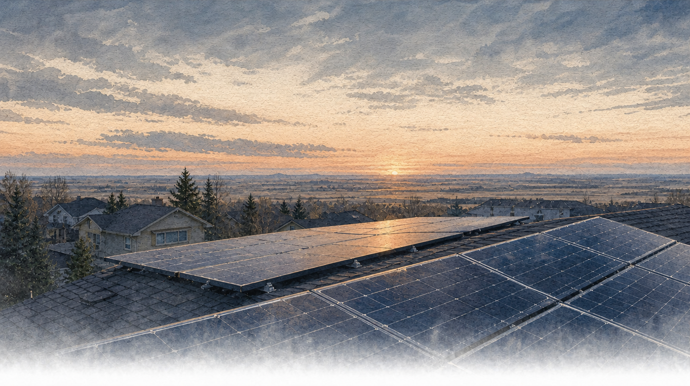 Solar panels on a rooftop at sunrise over the Alberta prairie