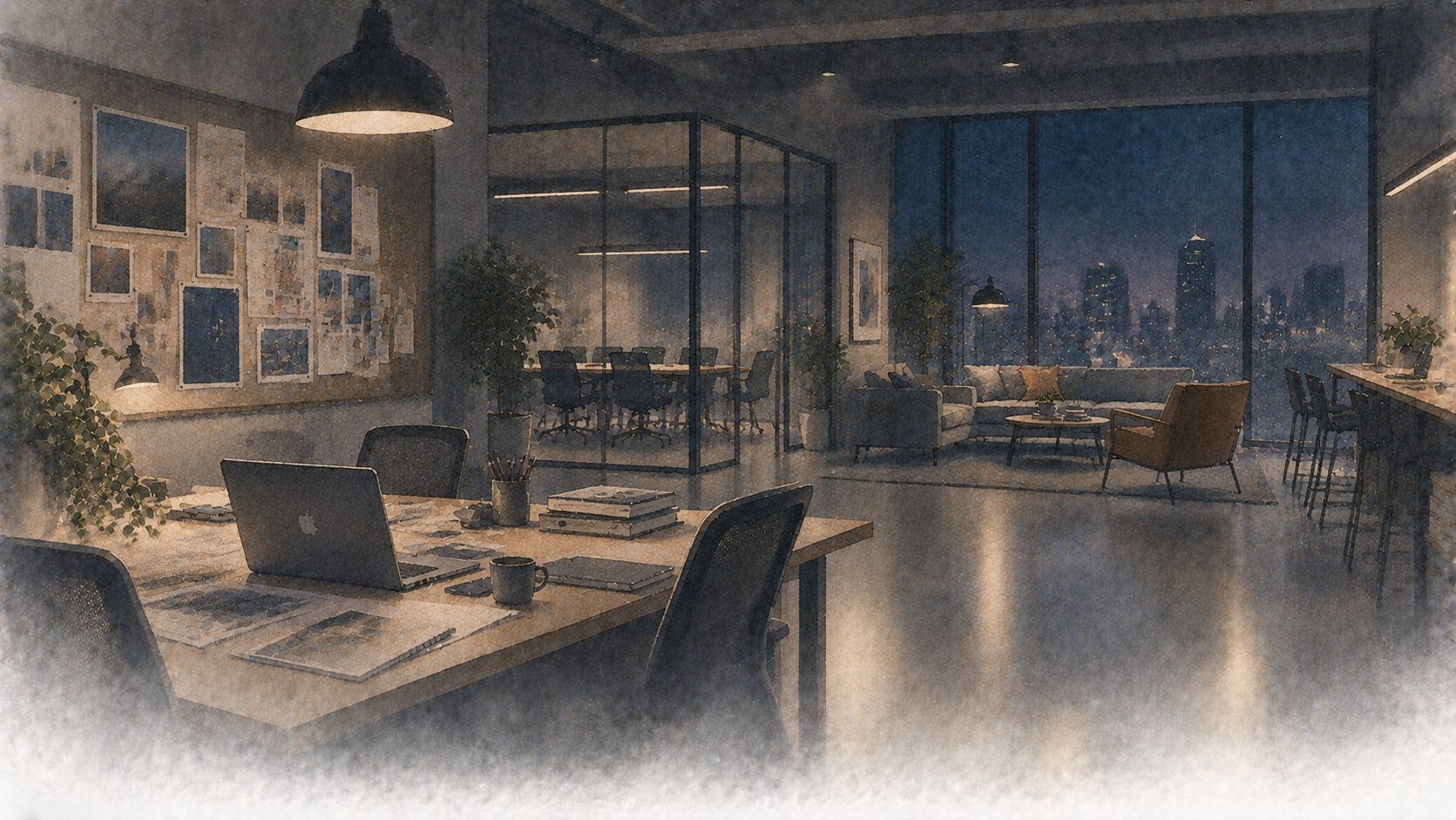 A modern agency studio at dusk with desks, laptops, mood boards and a city skyline through tall windows