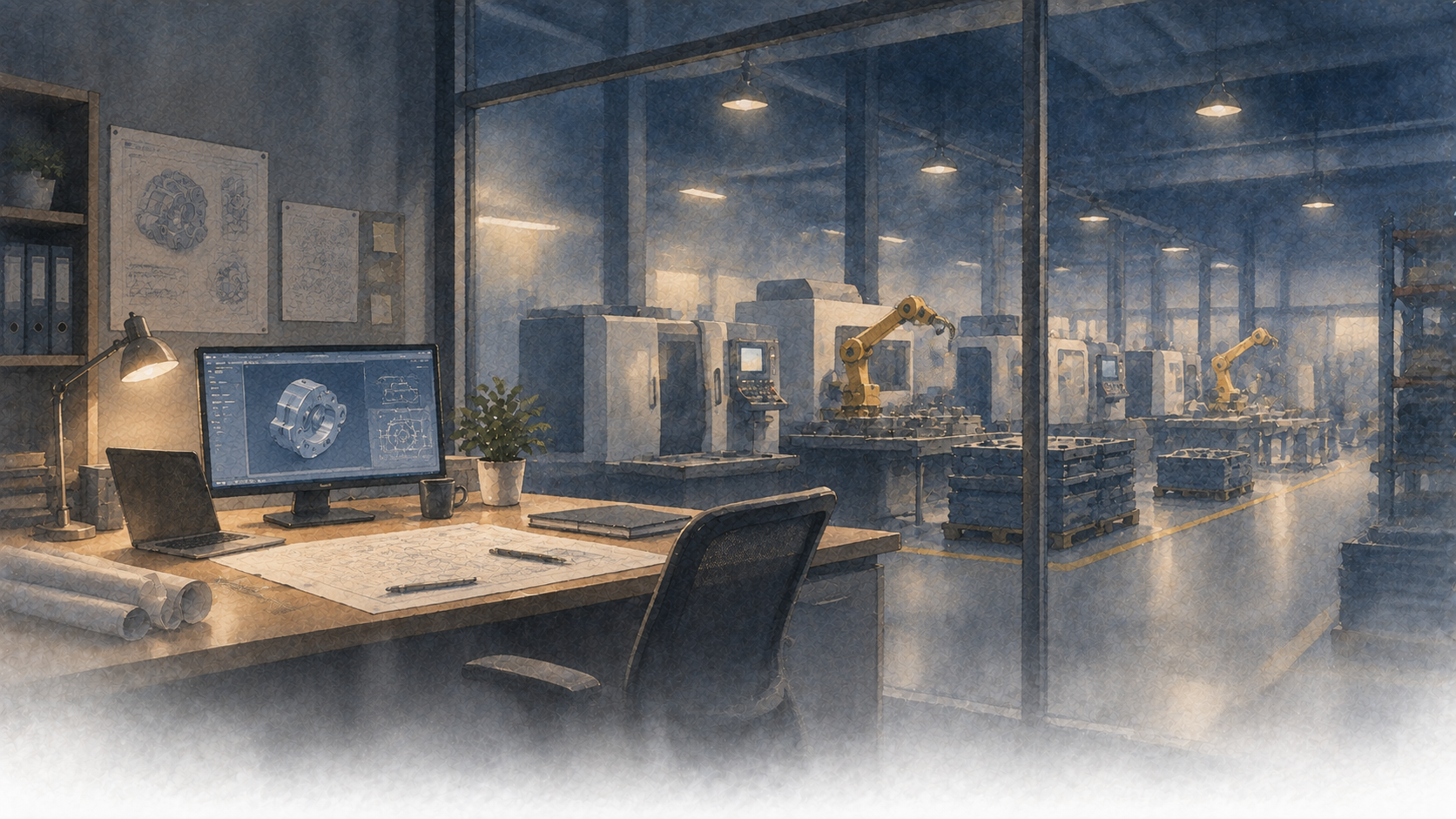 A manufacturing office overlooking a CNC shop floor with robotic arms and warm overhead lighting