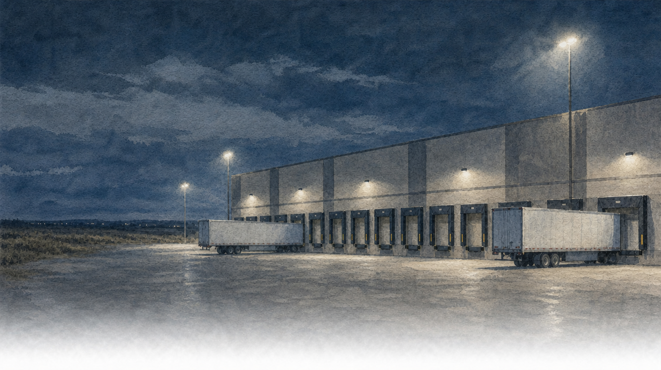 A distribution centre at dusk with trailers at loading bays and yard lighting